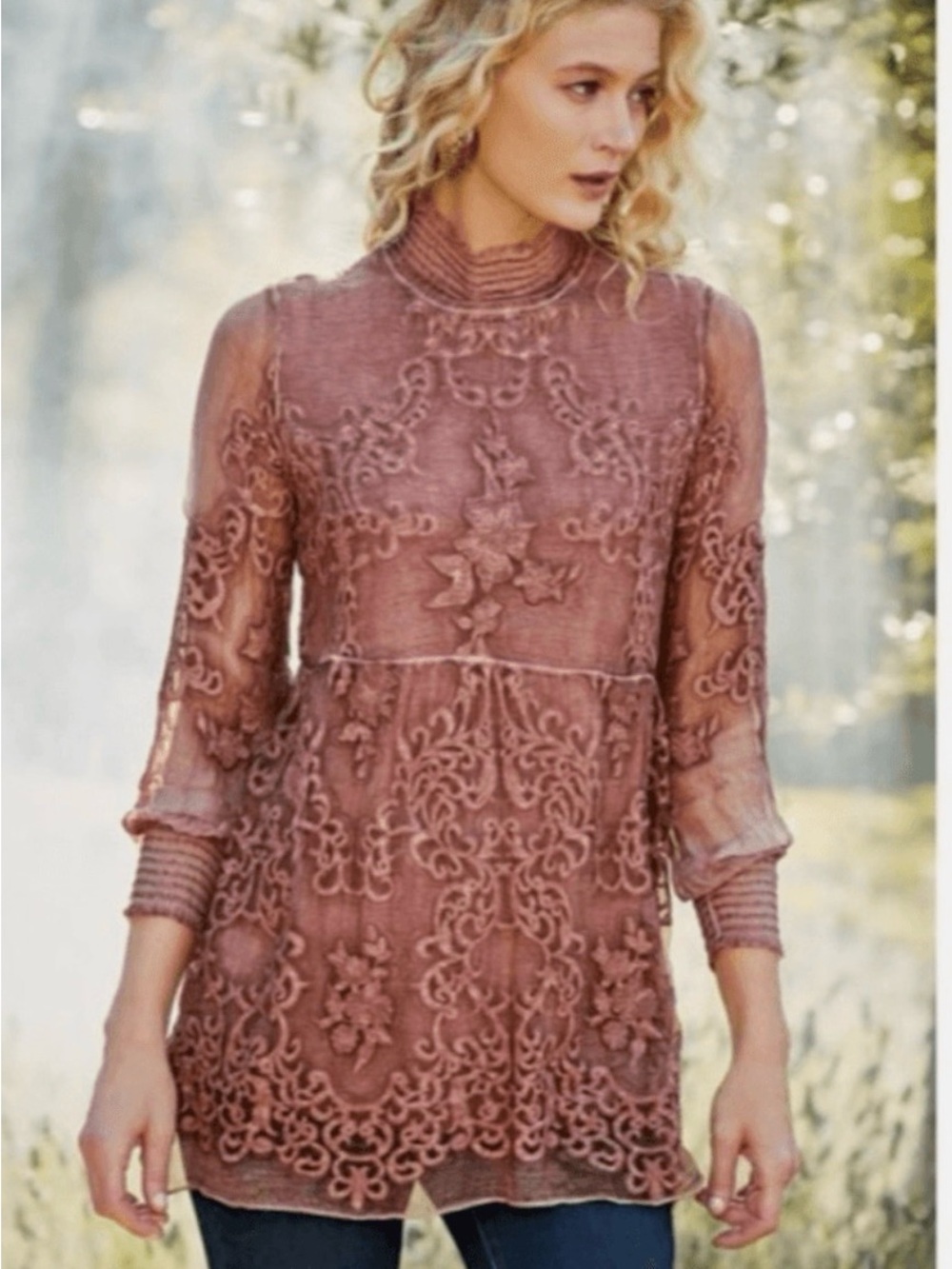 Soft Surroundings Lacy High-Neck Tunic Blouse Top silk & cotton blend